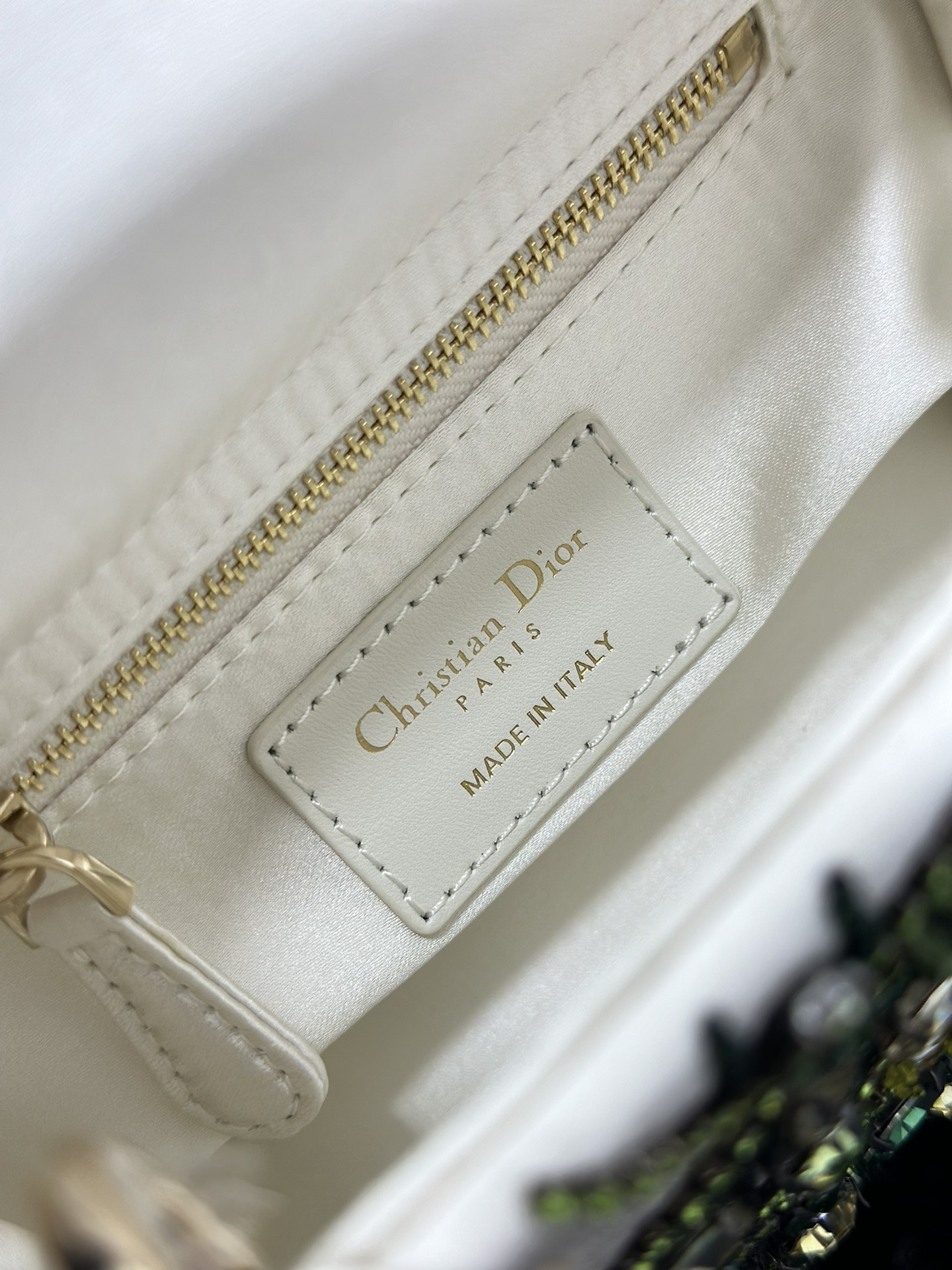 Mini Lady Dior Bag White Satin Embroidered with White Green Diamond